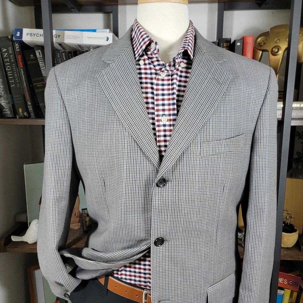 Jones New York Men's Sport Coat Three Button Gray Houndstooth Silk Wool Size 40L